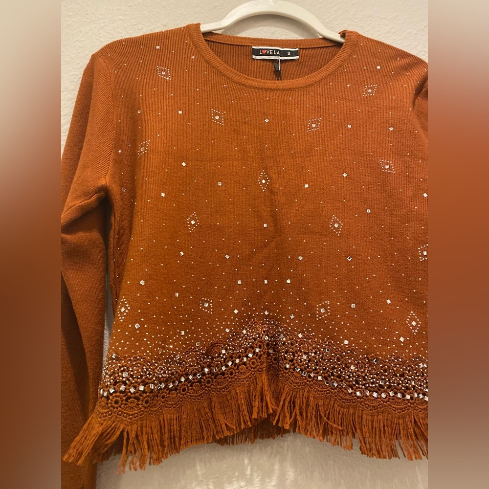 Women's Sweater Love LA with Fringe boho cropped style